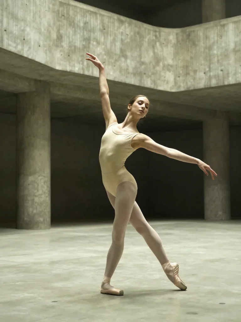 a ballet dancer in a bare-shoulder leotard, mid-extension in a gentle reach toward the lens, in a brutalist concrete atr