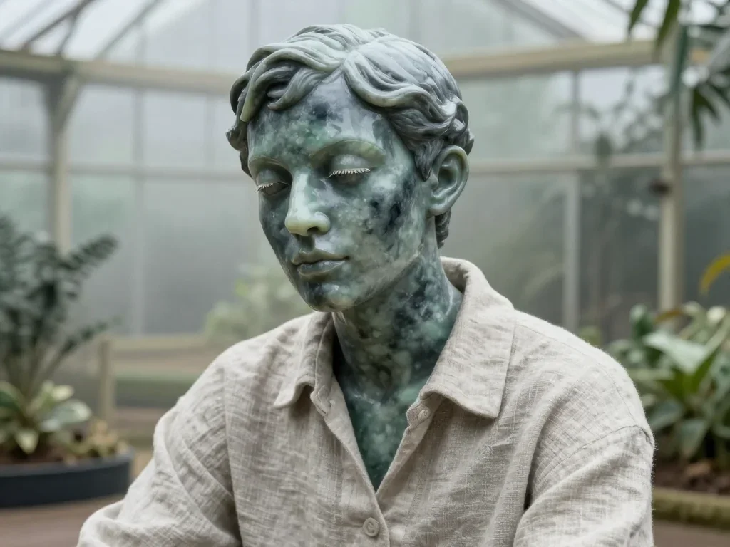 a sculptor at rest in a linen shirt, dust-hazed in a coy glance from under lowered lashes, in a greenhouse humid with mi
