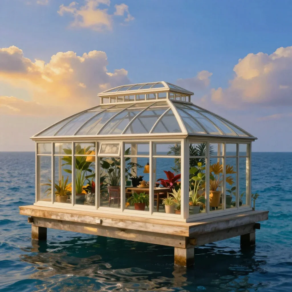 a floating botanical conservatory in a gentle sea breeze, museum-quality still-life photography, clean natural textures,