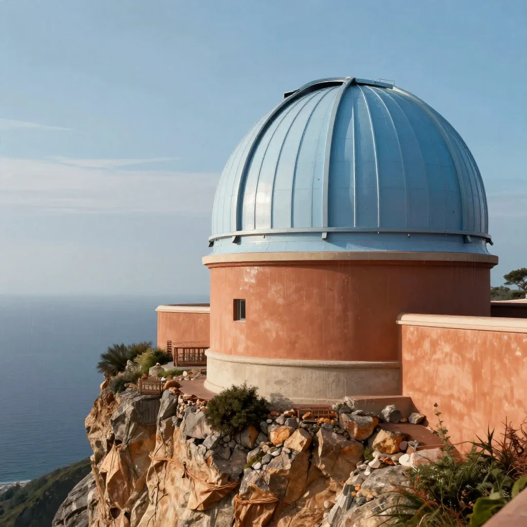 a cliffside observatory after warm summer rain, cinematic architectural photography, clean natural textures, terracotta 