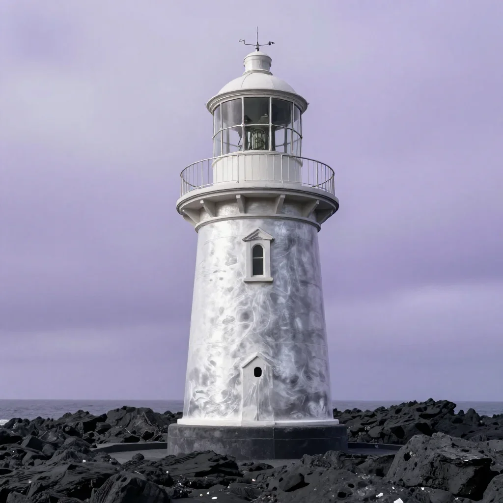 a lighthouse on black basalt under diffused skylight, cinematic architectural photography, crisp material detail, lavend