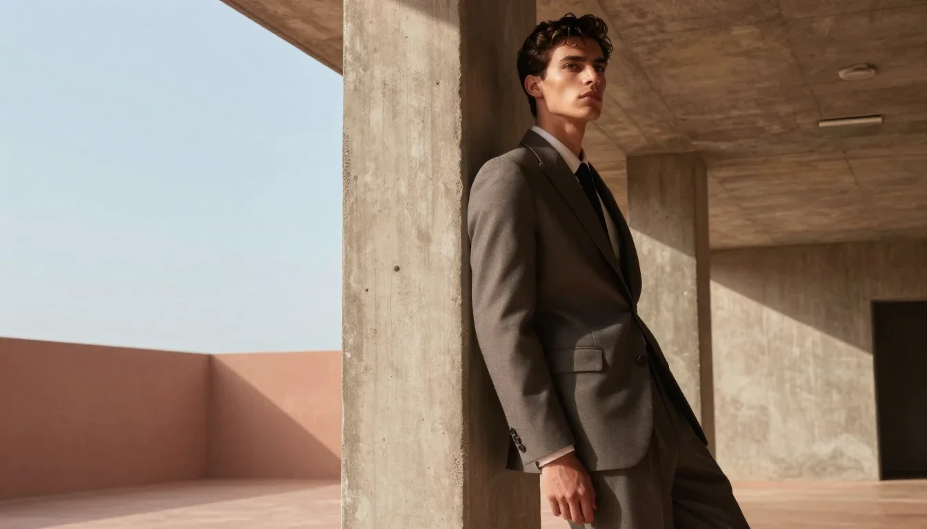 an androgynous model in a sharply tailored suit in a wind-swept lean against a wall, in a brutalist concrete atrium, neo