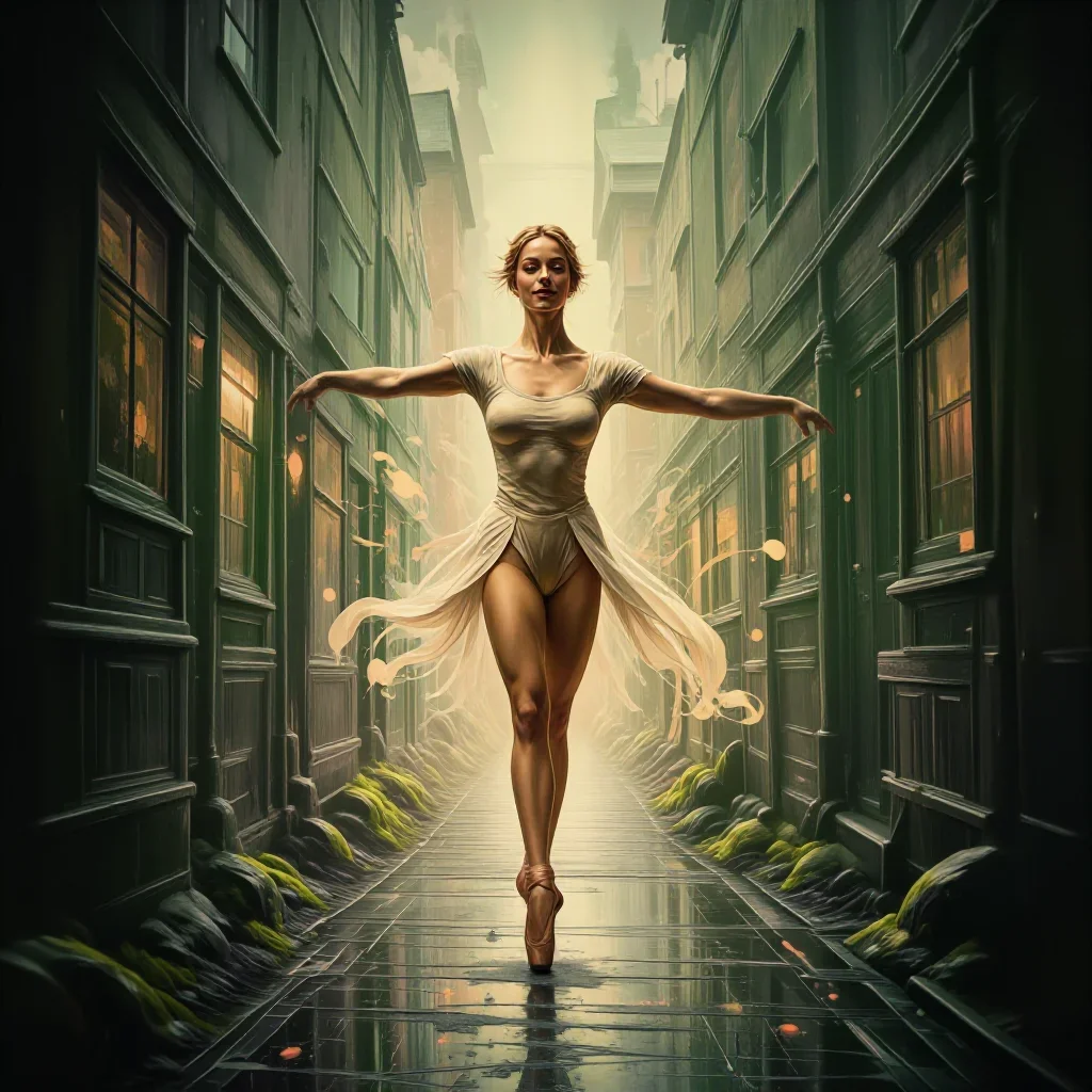 a ballet dancer in a bare-shoulder leotard, mid-extension in a bold, open-armed welcome, in a rain-slick neon alley, Vog