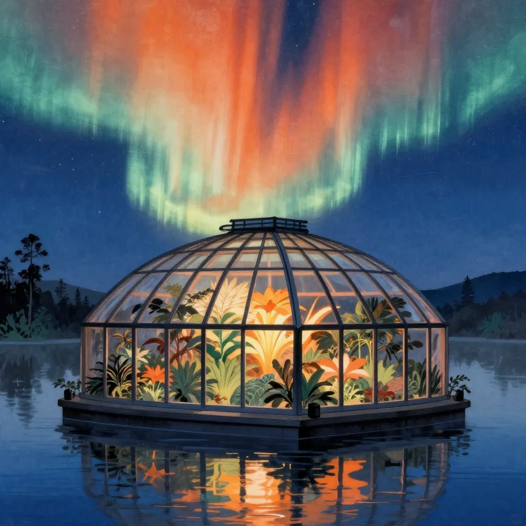 a floating botanical conservatory beneath an aurora, Japanese woodblock-inspired editorial art, gentle reflected light, 