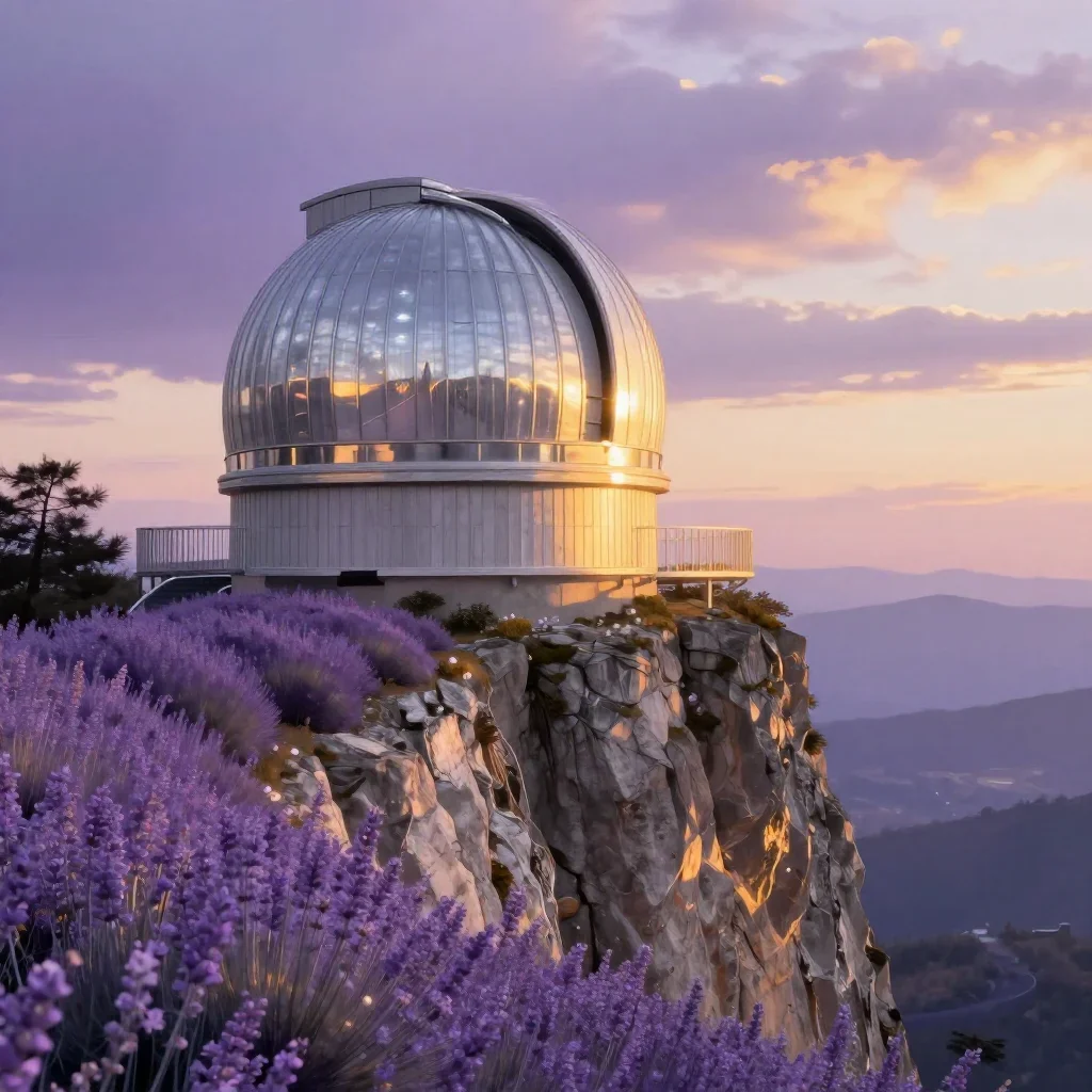 a cliffside observatory during golden hour, Japanese woodblock-inspired editorial art, gentle reflected light, lavender 