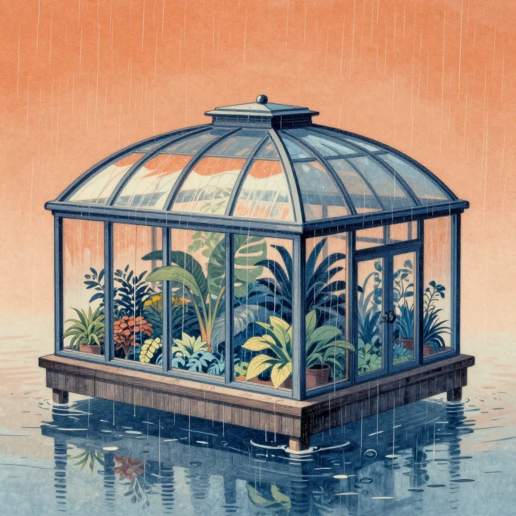 a floating botanical conservatory after warm summer rain, Japanese woodblock-inspired editorial art, gentle reflected li