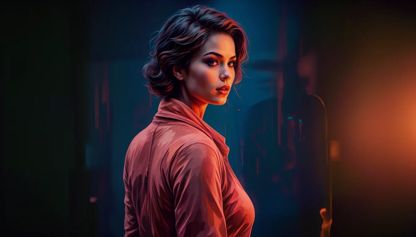 a noir detective's femme fatal muse in a trench coat in an alluring over-the-shoulder glance, in a smoke-lit photo studi