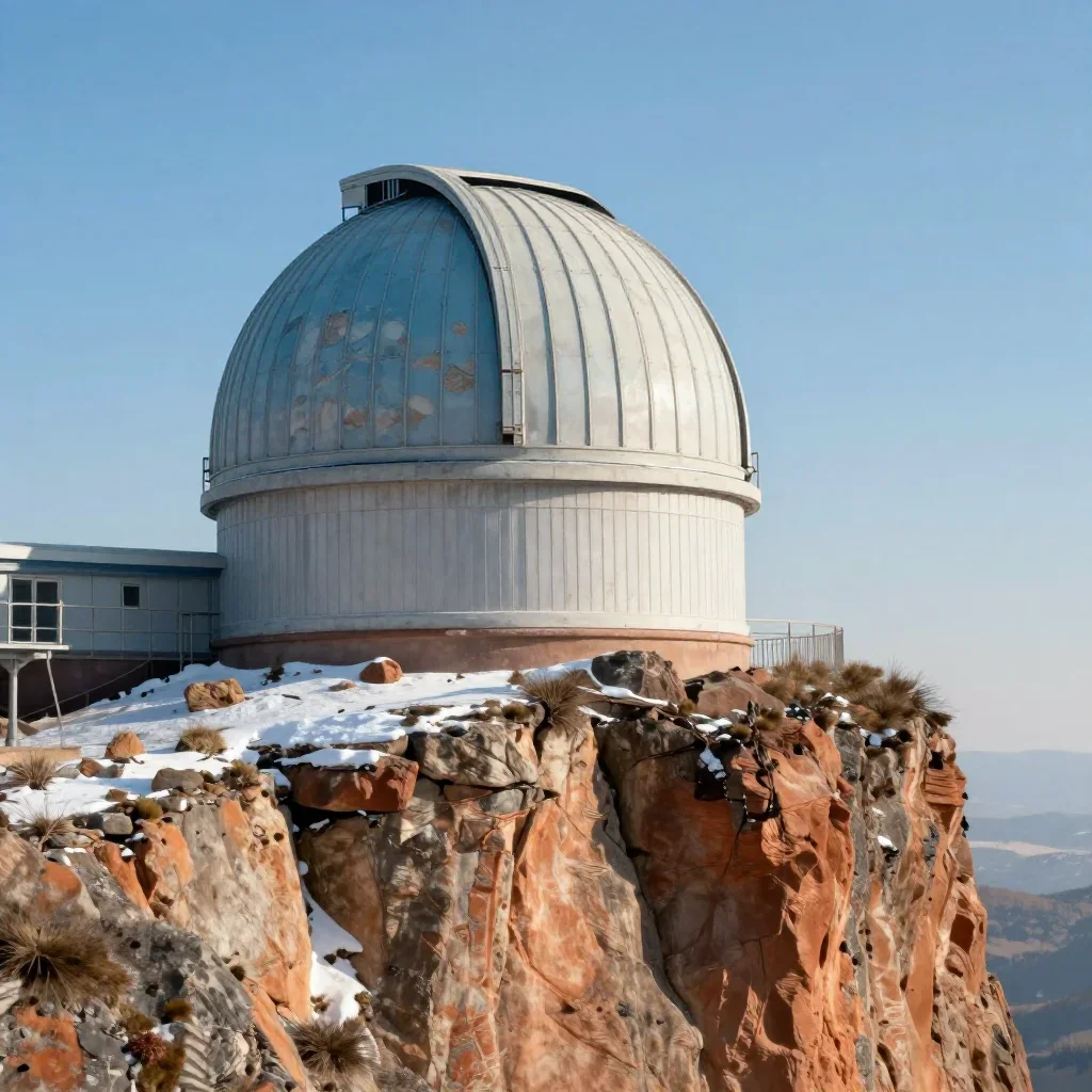 a cliffside observatory in crisp winter sunlight, quiet science-fiction concept art, weathered tactile surfaces, terraco