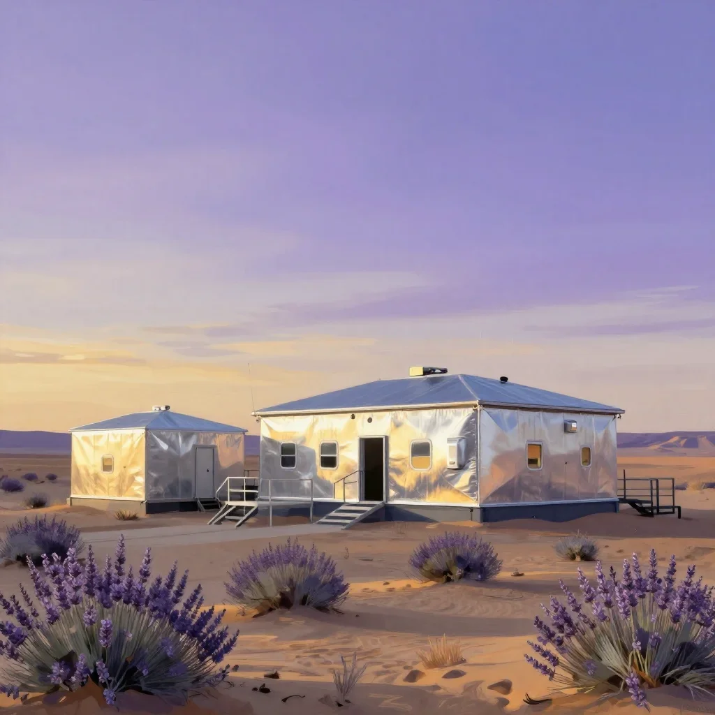 a desert research station during golden hour, contemporary botanical illustration, restrained color harmony, lavender an