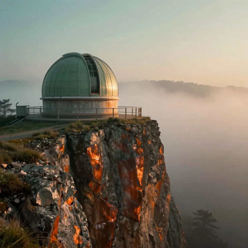 a cliffside observatory in early spring mist, dreamlike fine-art landscape photography, gentle reflected light, rust and