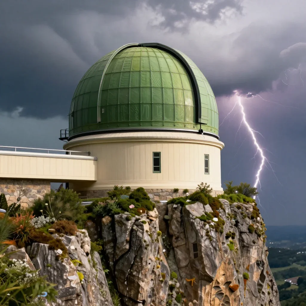 a cliffside observatory after a distant thunderstorm, cinematic architectural photography, crisp material detail, moss g