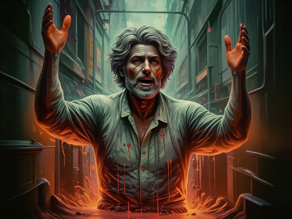 a sculptor at rest in a linen shirt, dust-hazed in a bold, open-armed welcome, in a rain-slick neon alley, National Geog