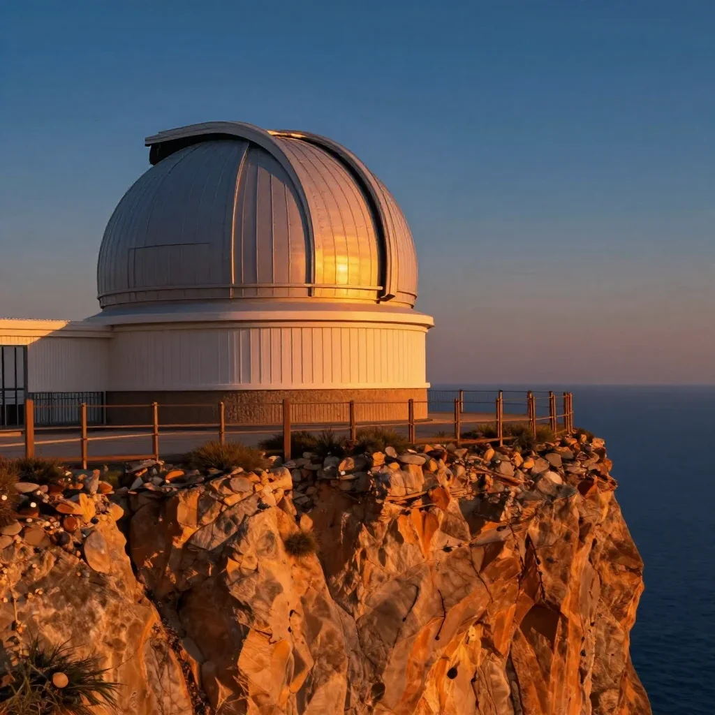 a cliffside observatory during golden hour, dreamlike fine-art landscape photography, careful geometric composition, och