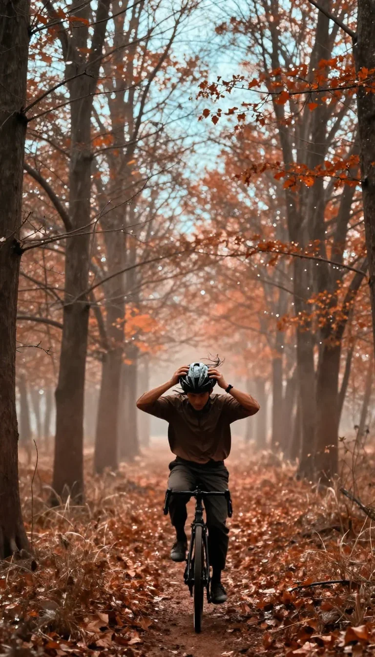 a rider removing a helmet, flushed and windblown in a confident cinematic stride, in a dewy forest clearing, Wong Kar-wa