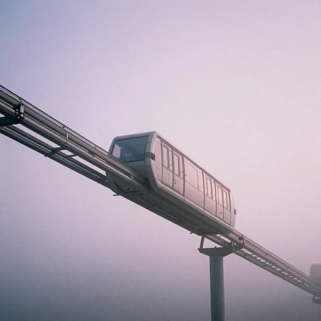 a glass monorail under soft dawn fog, soft-grain analog film photography, soft volumetric light, lavender and silver pal