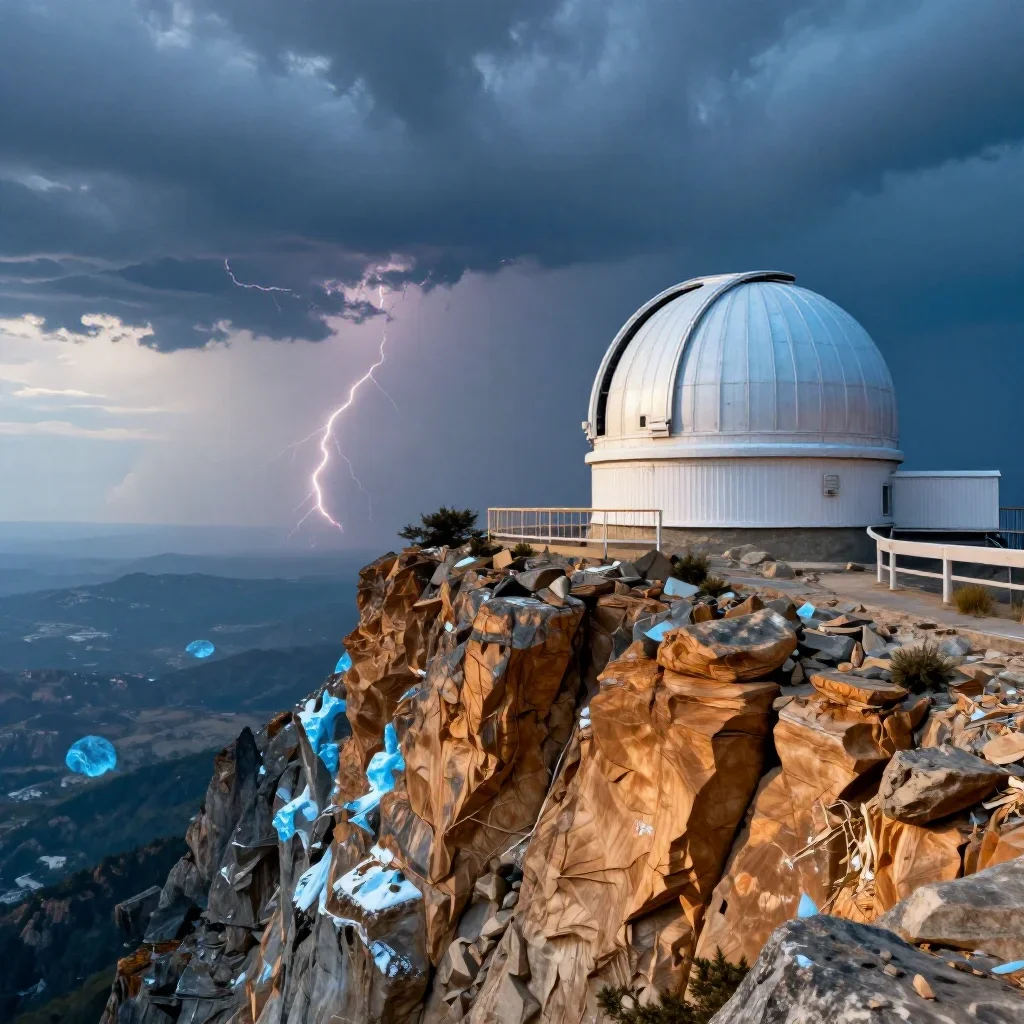 a cliffside observatory after a distant thunderstorm, dreamlike fine-art landscape photography, atmospheric depth, ice b