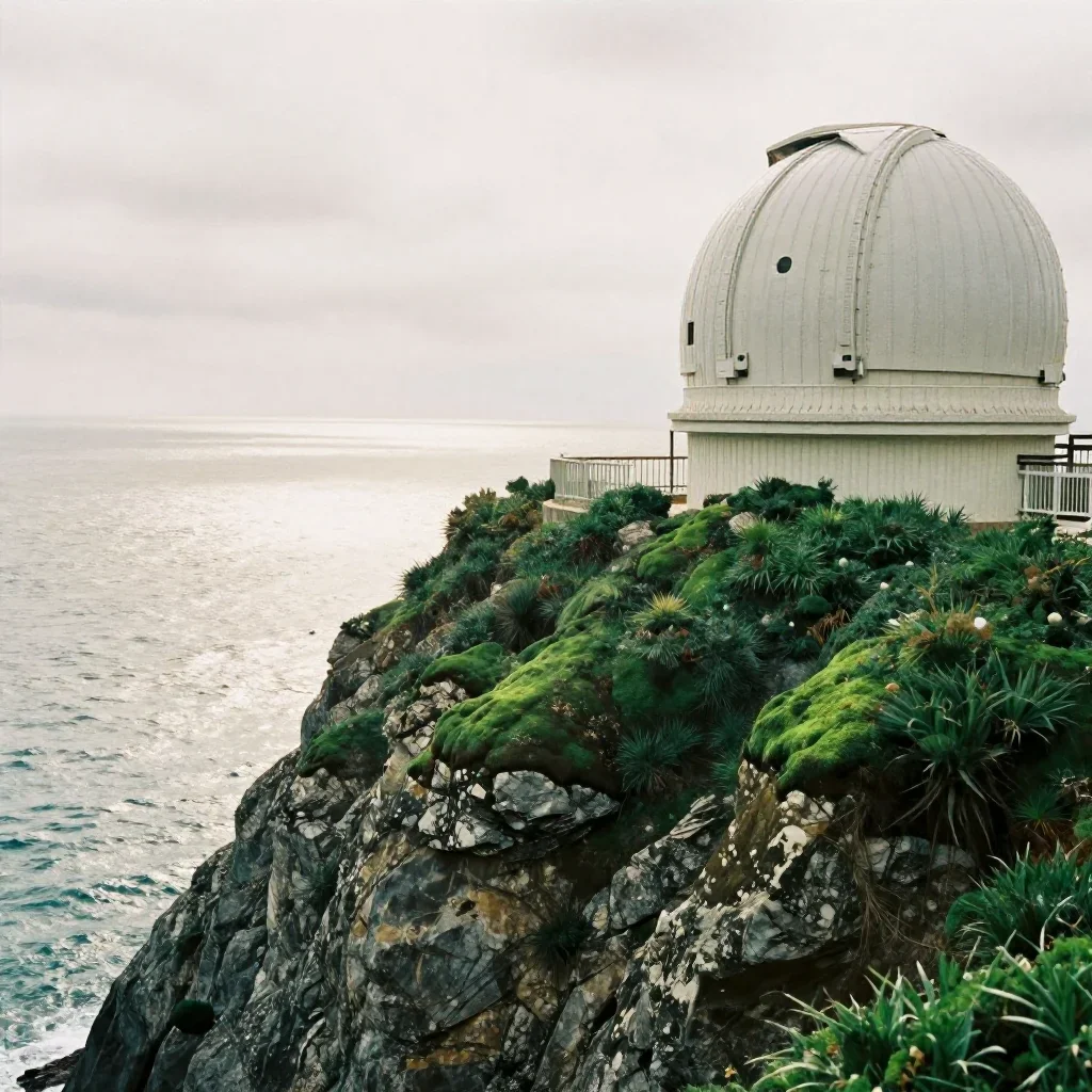 a cliffside observatory under overcast coastal light, soft-grain analog film photography, gentle reflected light, moss g