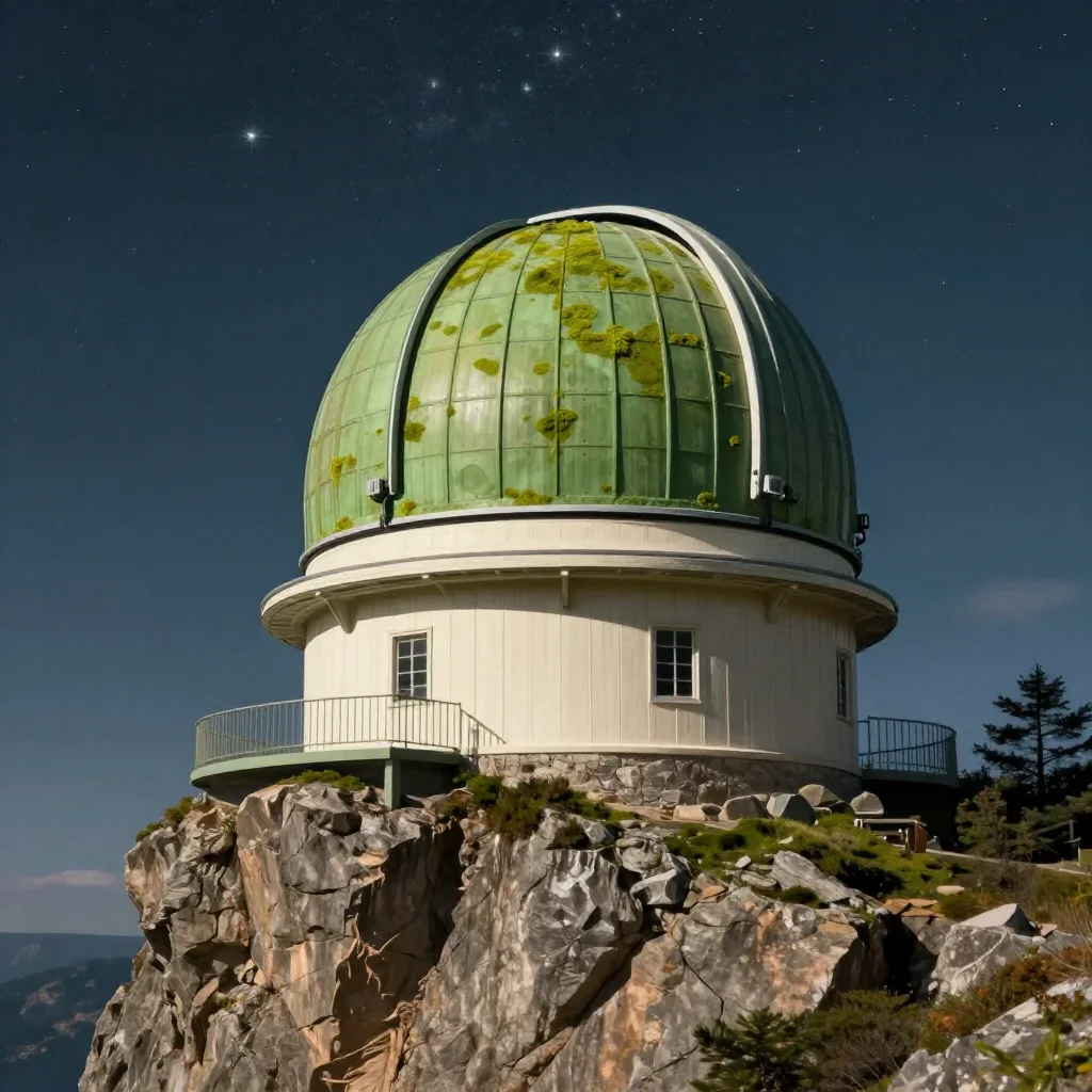 a cliffside observatory beneath a star-filled sky, quiet science-fiction concept art, crisp material detail, moss green 