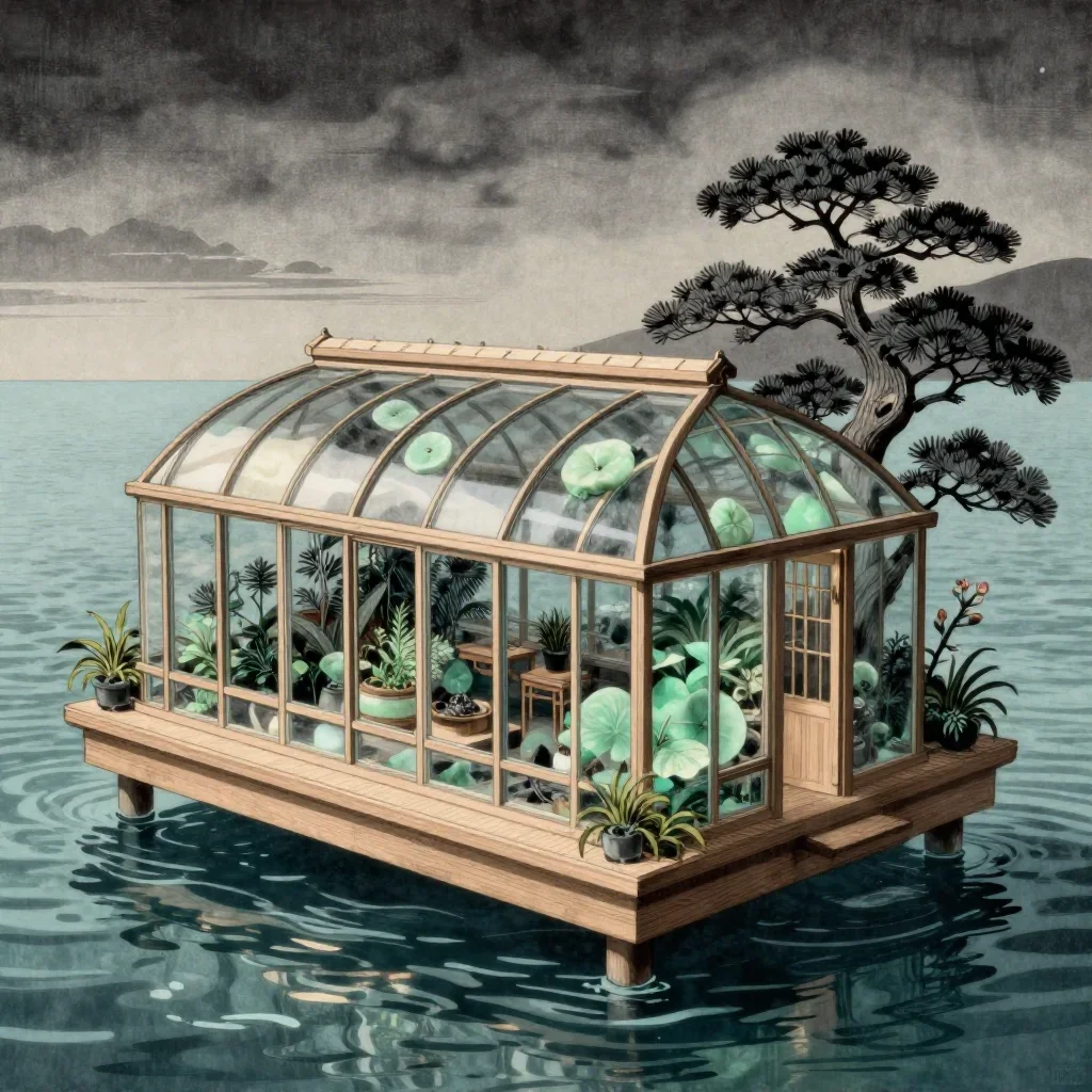 a floating botanical conservatory in a gentle sea breeze, Japanese woodblock-inspired editorial art, clean natural textu