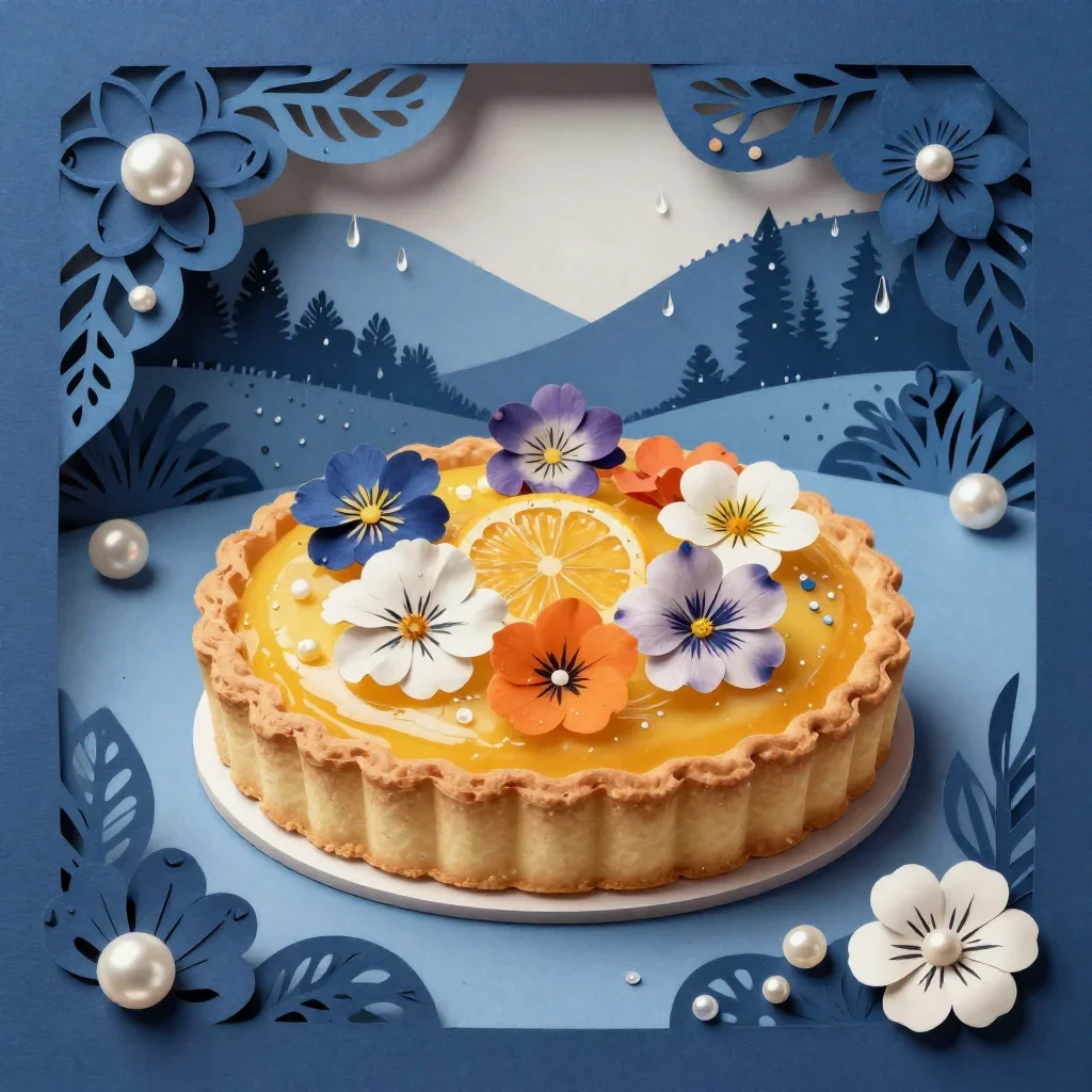 a citrus tart with edible flowers after warm summer rain, intricate paper-cut illustration, layered foreground framing, 