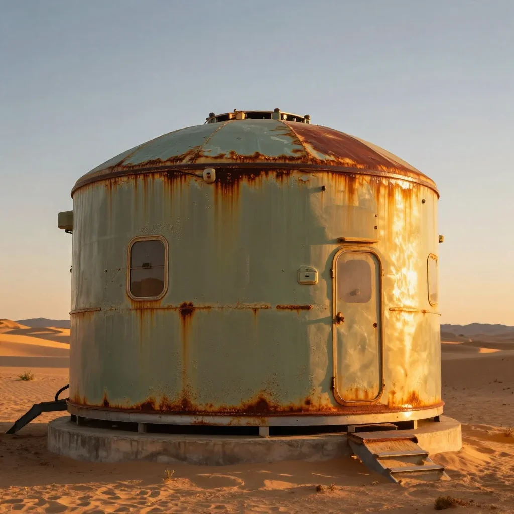 a desert research station during golden hour, high-end design magazine photography, weathered tactile surfaces, rust and