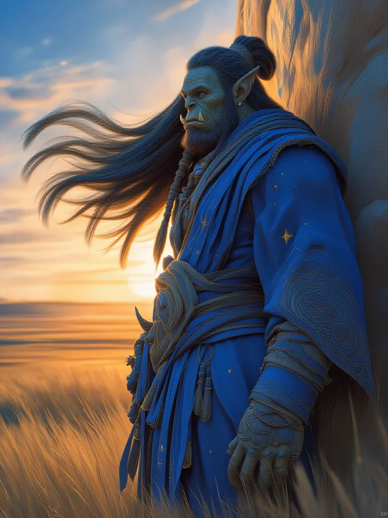 a sorceress in a star-lit midnight cloak in a wind-swept lean against a wall, in a backlit golden-hour field, mythology-