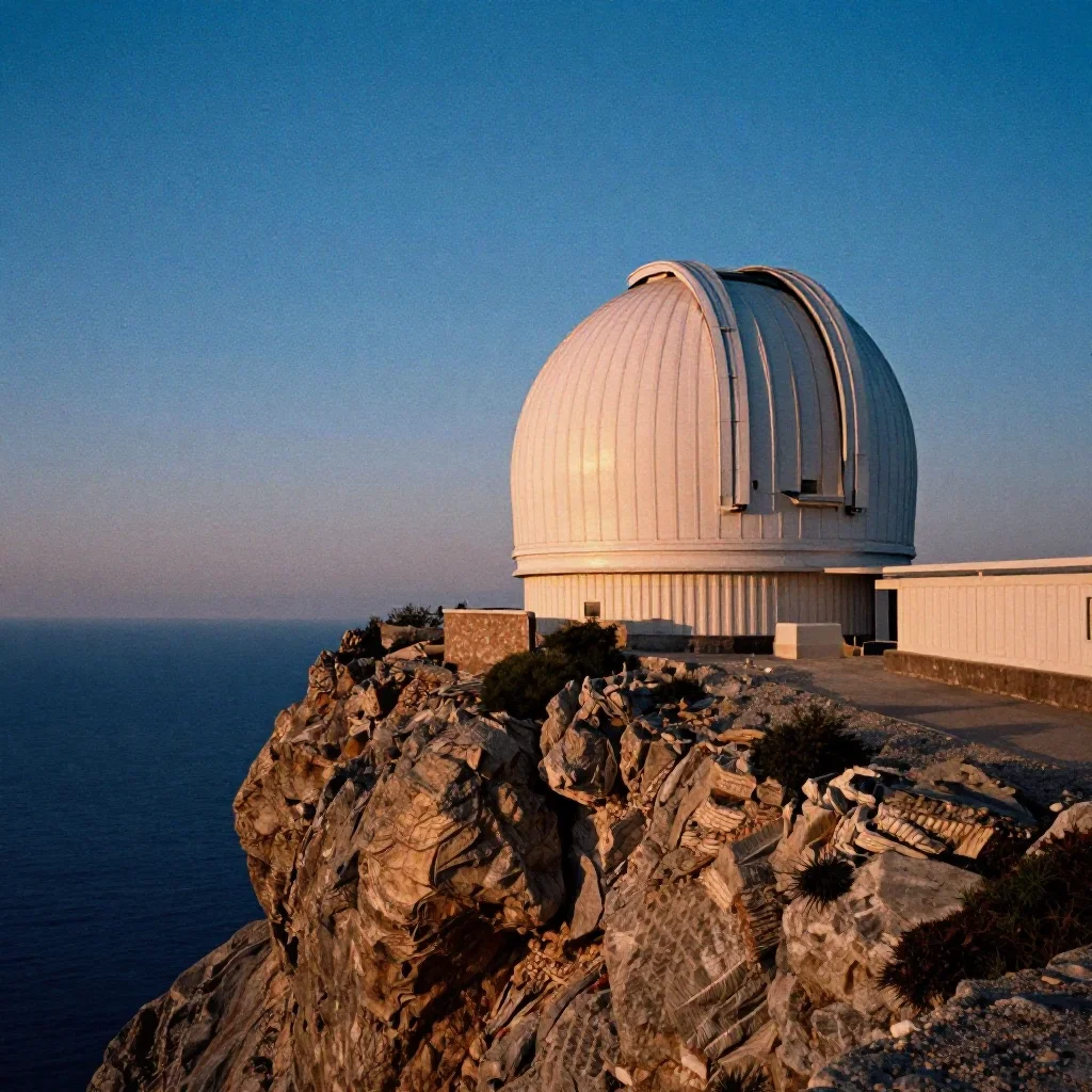 a cliffside observatory at blue hour, soft-grain analog film photography, subtle film grain, cobalt and amber palette, n
