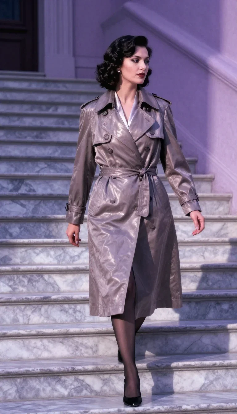 a noir detective's femme fatal muse in a trench coat in a confident cinematic stride, on a marble staircase at dawn, myt