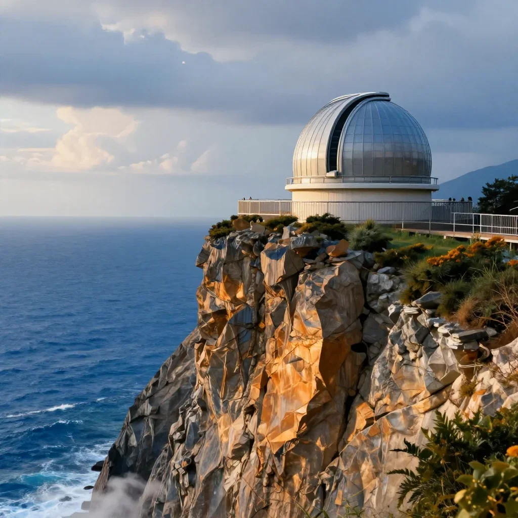 a cliffside observatory after warm summer rain, high-end design magazine photography, calm negative space, cobalt and am