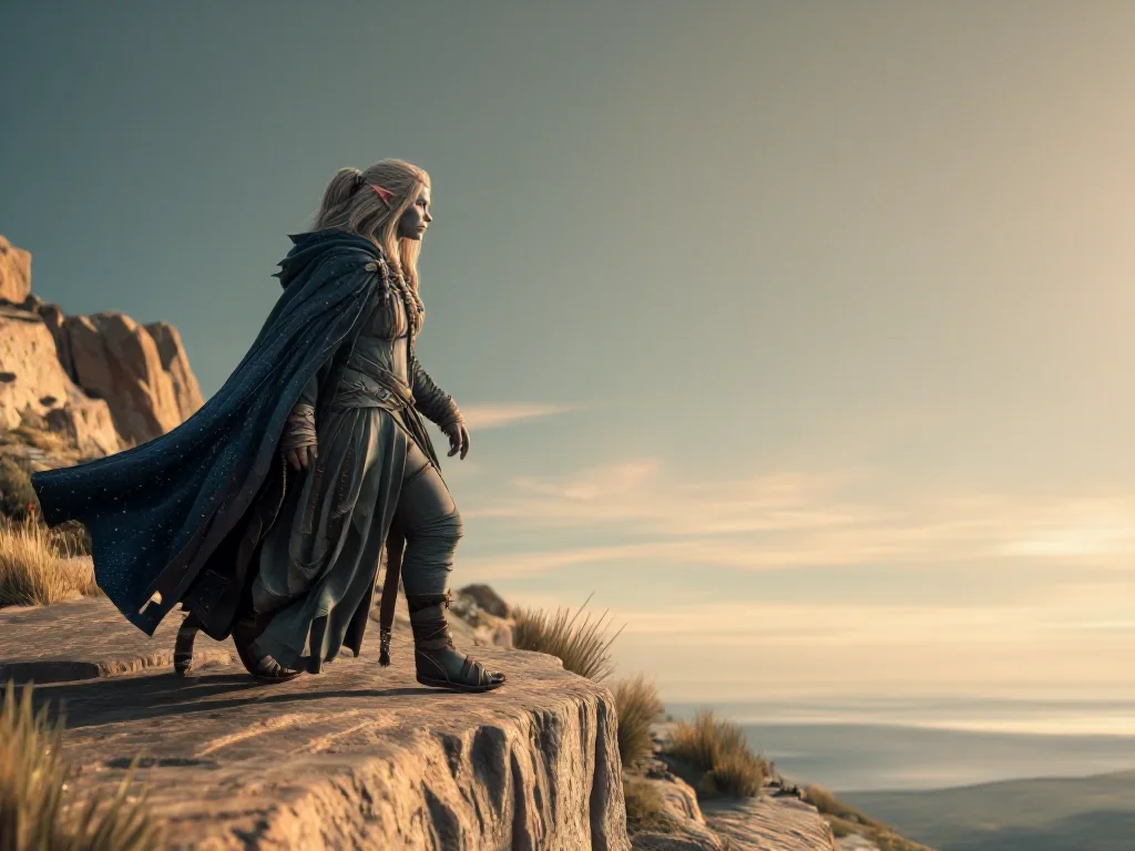 a sorceress in a star-lit midnight cloak in a confident cinematic stride, on a sun-drenched cliffside, mythology-inspire