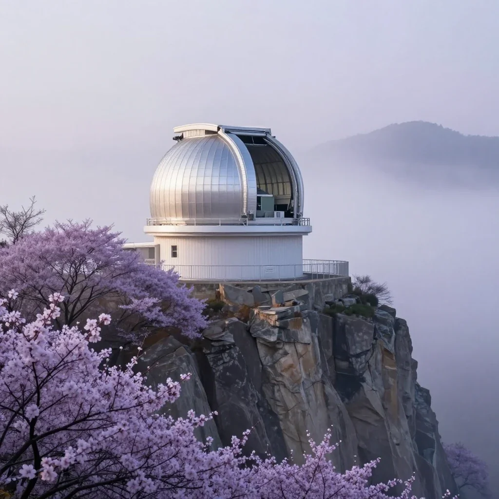 a cliffside observatory in early spring mist, high-end design magazine photography, crisp material detail, lavender and 