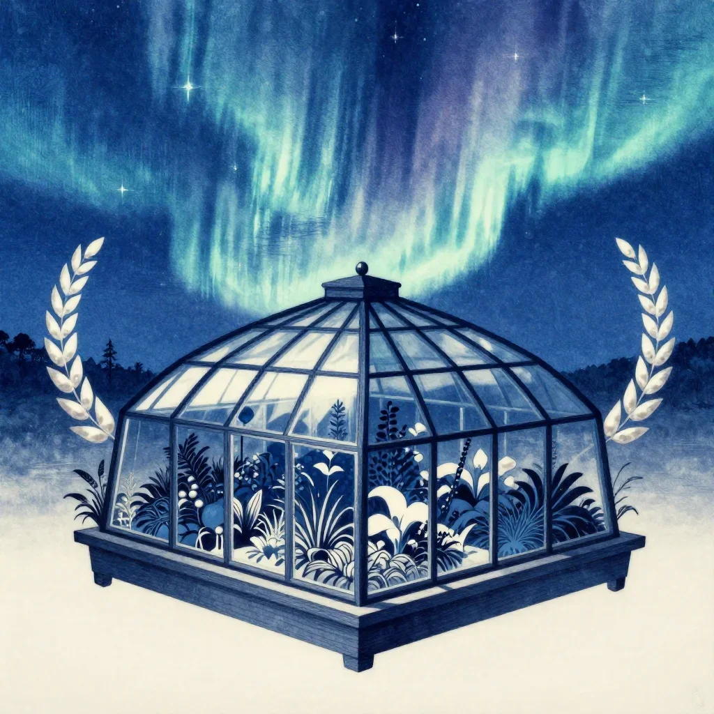 a floating botanical conservatory beneath an aurora, Japanese woodblock-inspired editorial art, restrained color harmony