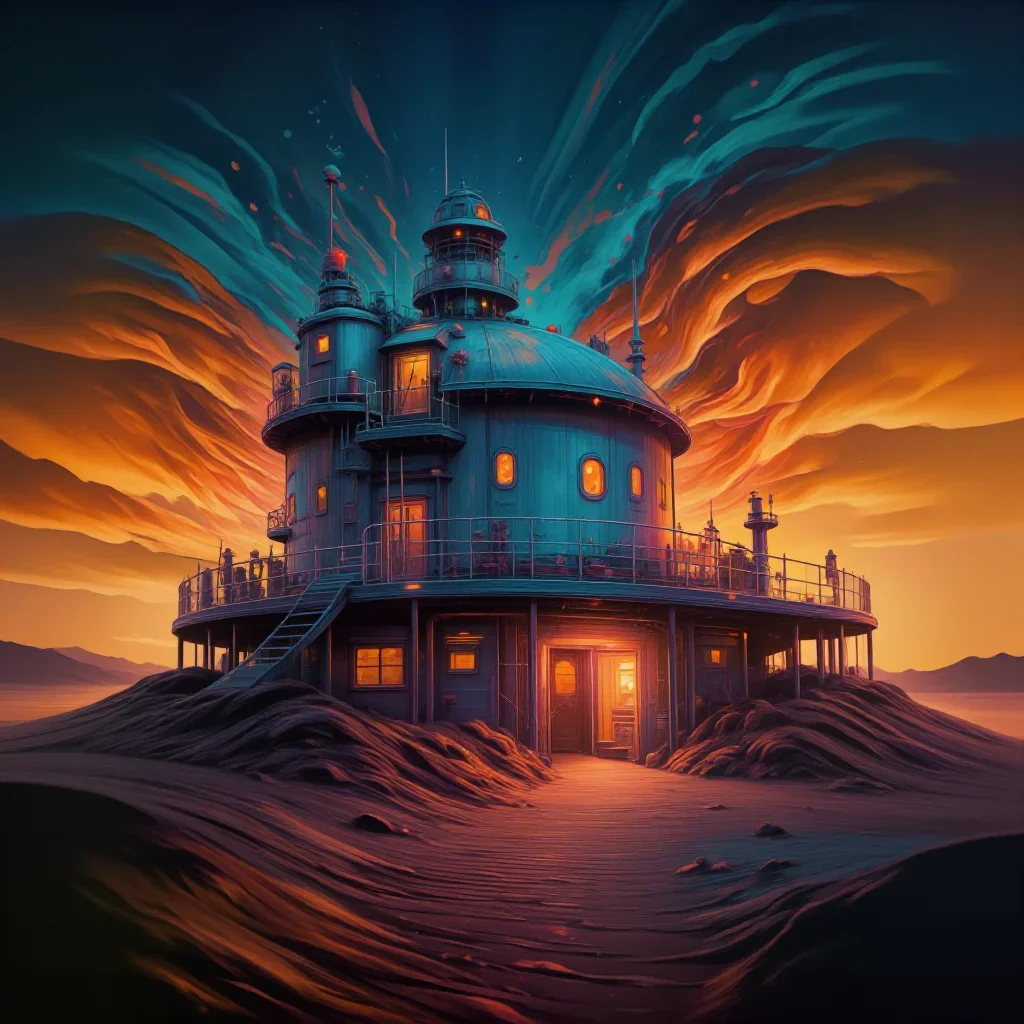 a desert research station in quiet late-afternoon haze, Japanese woodblock-inspired editorial art, restrained color harm