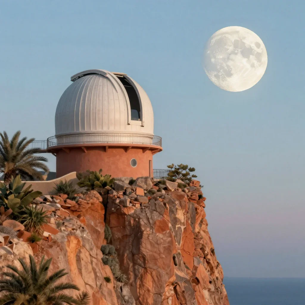 a cliffside observatory at moonrise, contemporary botanical illustration, crisp material detail, terracotta and pale sky