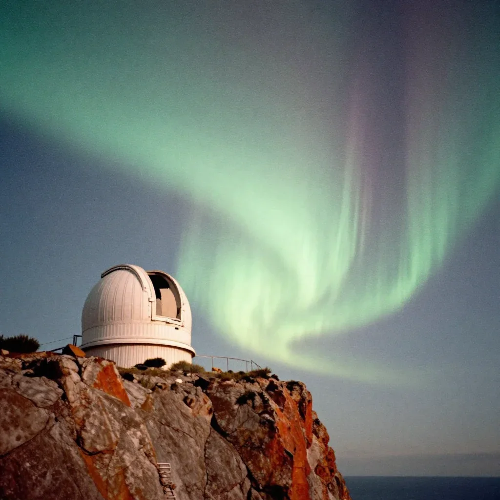 a cliffside observatory beneath an aurora, soft-grain analog film photography, subtle film grain, rust and sage palette,