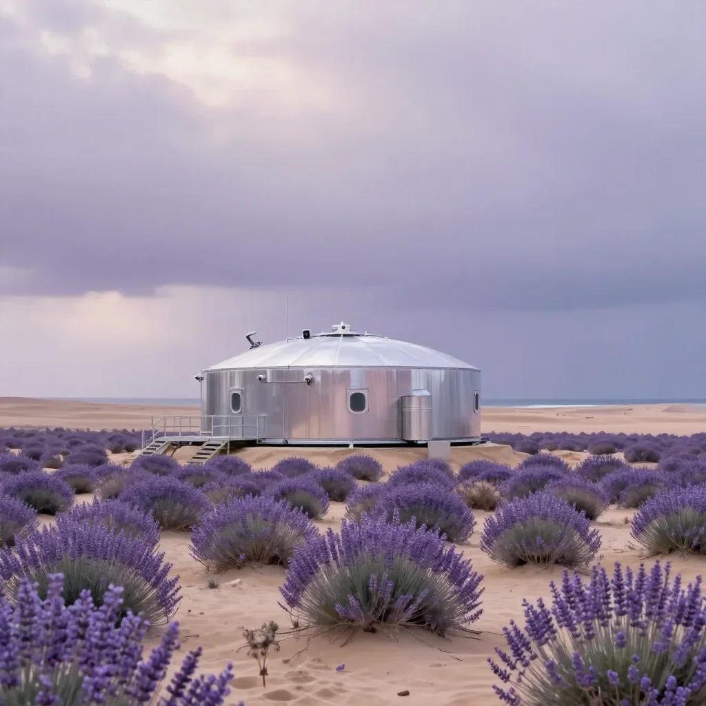 a desert research station under overcast coastal light, dreamlike fine-art landscape photography, soft volumetric light,