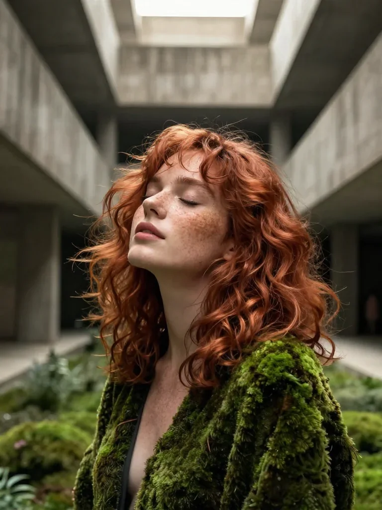 a muse with freckles and wind-tousled copper hair in a deep breath with eyes closed, in a brutalist concrete atrium, Nat
