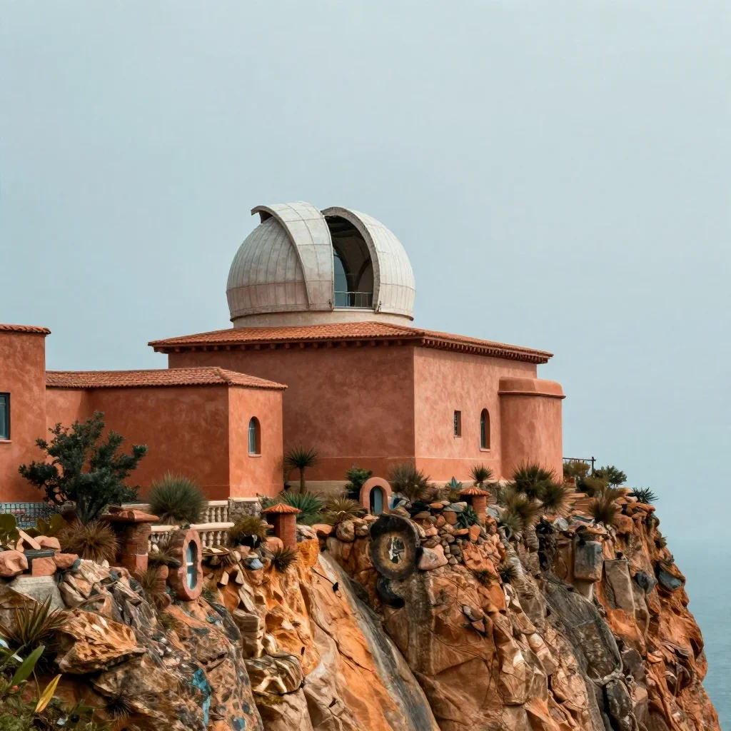 a cliffside observatory after warm summer rain, cinematic architectural photography, restrained color harmony, terracott