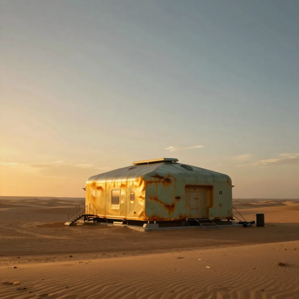 a desert research station during golden hour, quiet science-fiction concept art, soft volumetric light, rust and sage pa