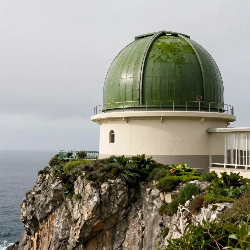 a cliffside observatory under overcast coastal light, cinematic architectural photography, crisp material detail, moss g