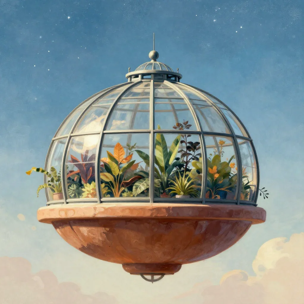 a floating botanical conservatory beneath a star-filled sky, modernist poster illustration, gentle reflected light, terr