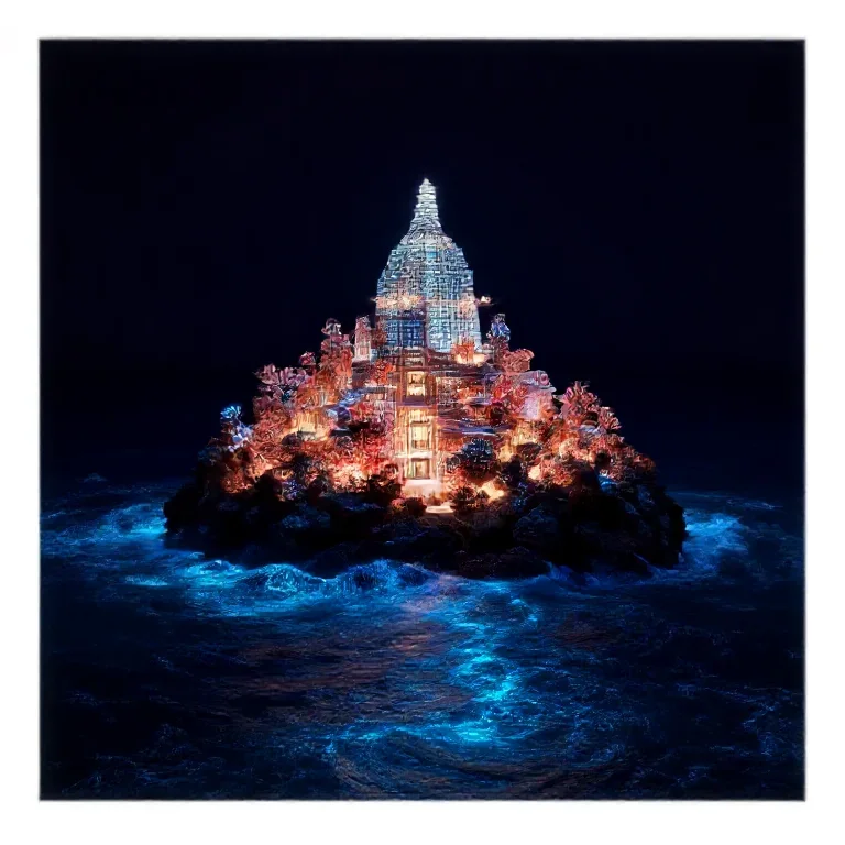 A luminous coral observatory rising from a midnight ocean, bioluminescent waves, editorial architectural photograph, no