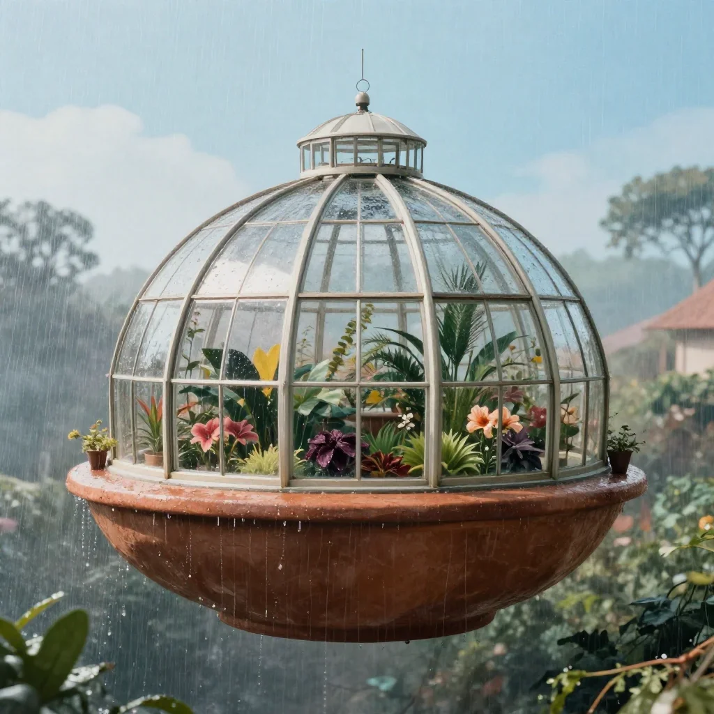 a floating botanical conservatory after warm summer rain, quiet science-fiction concept art, subtle film grain, terracot