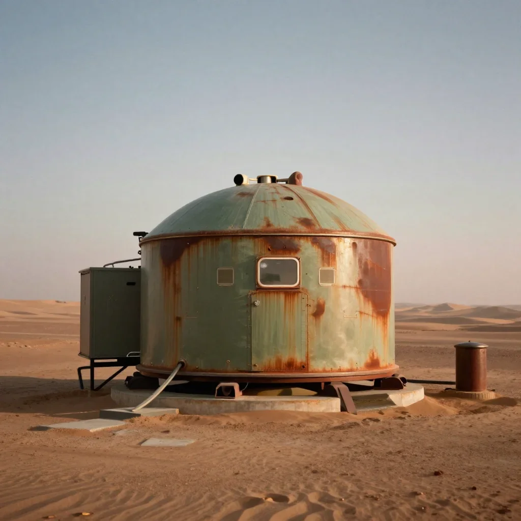 a desert research station in quiet late-afternoon haze, refined editorial travel photography, subtle film grain, rust an