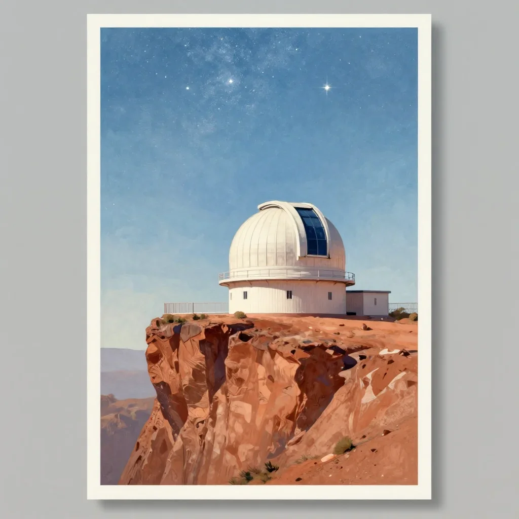 a cliffside observatory beneath a star-filled sky, modernist poster illustration, restrained color harmony, terracotta a