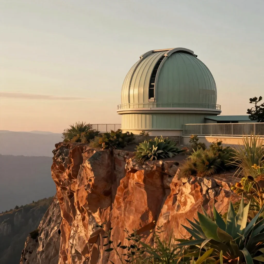 a cliffside observatory during golden hour, contemporary botanical illustration, soft volumetric light, rust and sage pa