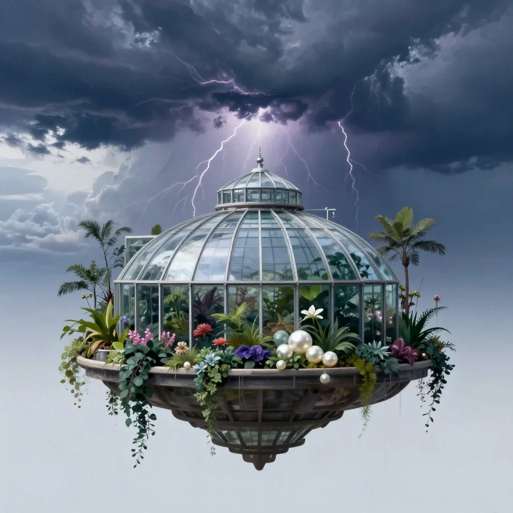 a floating botanical conservatory after a distant thunderstorm, quiet science-fiction concept art, calm negative space,