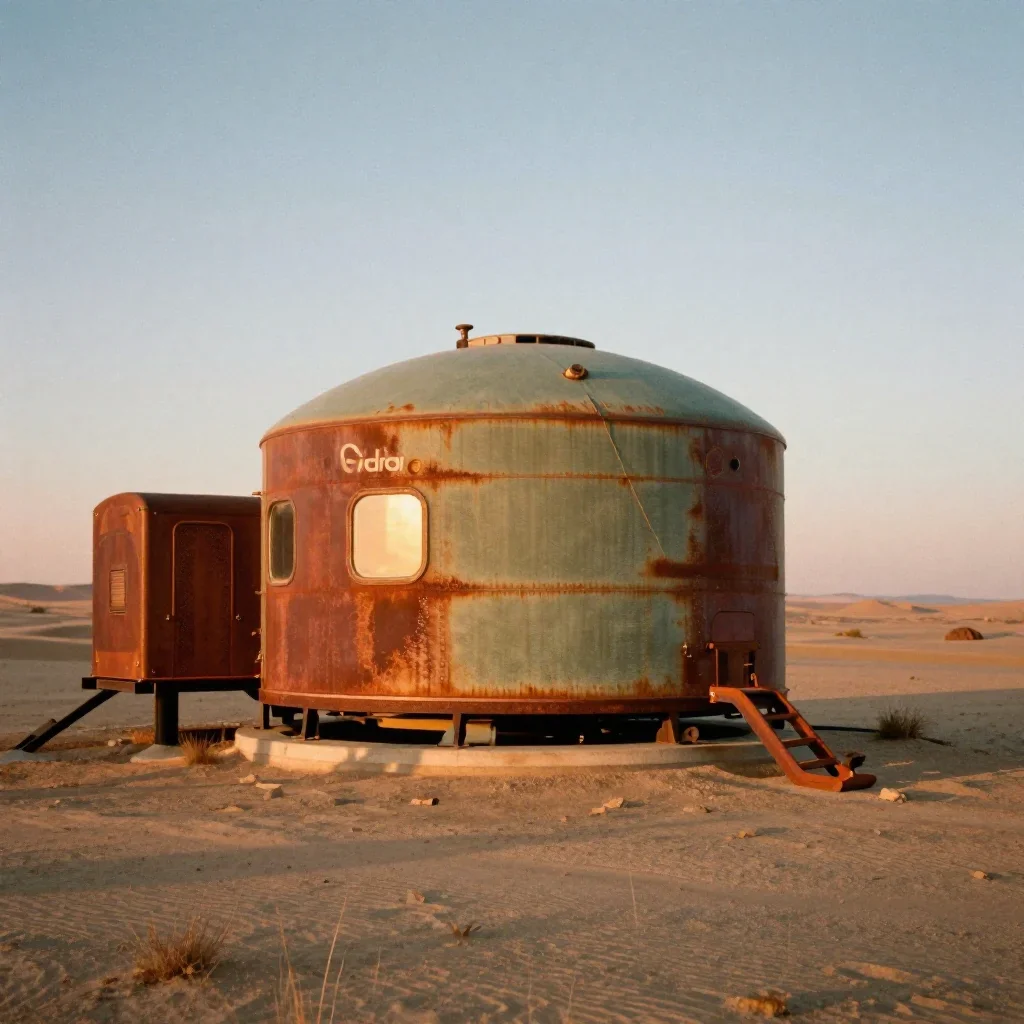 a desert research station during golden hour, soft-grain analog film photography, soft volumetric light, rust and sage p