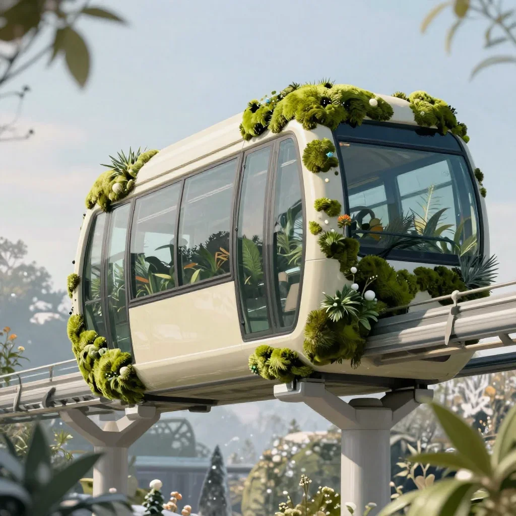 a glass monorail in crisp winter sunlight, contemporary botanical illustration, crisp material detail, moss green and cr