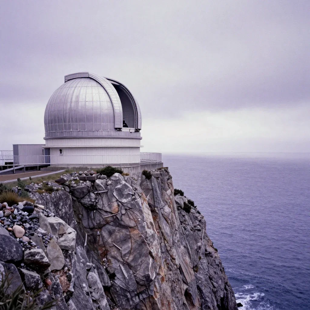 a cliffside observatory under overcast coastal light, Japanese woodblock-inspired editorial art, subtle film grain, lave